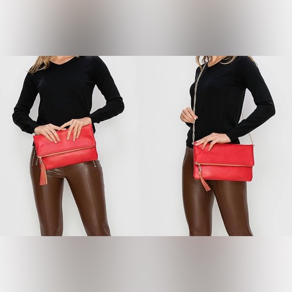 Envelope Clutch Bag foldable Crossbody Tassel Wallet , Chain Strap - Picture 2 of 6